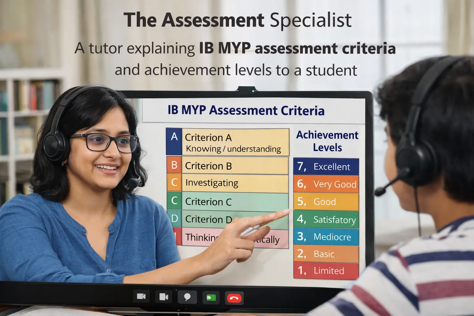 A tutor explaining IB MYP assessment criteria and achievement levels to a student