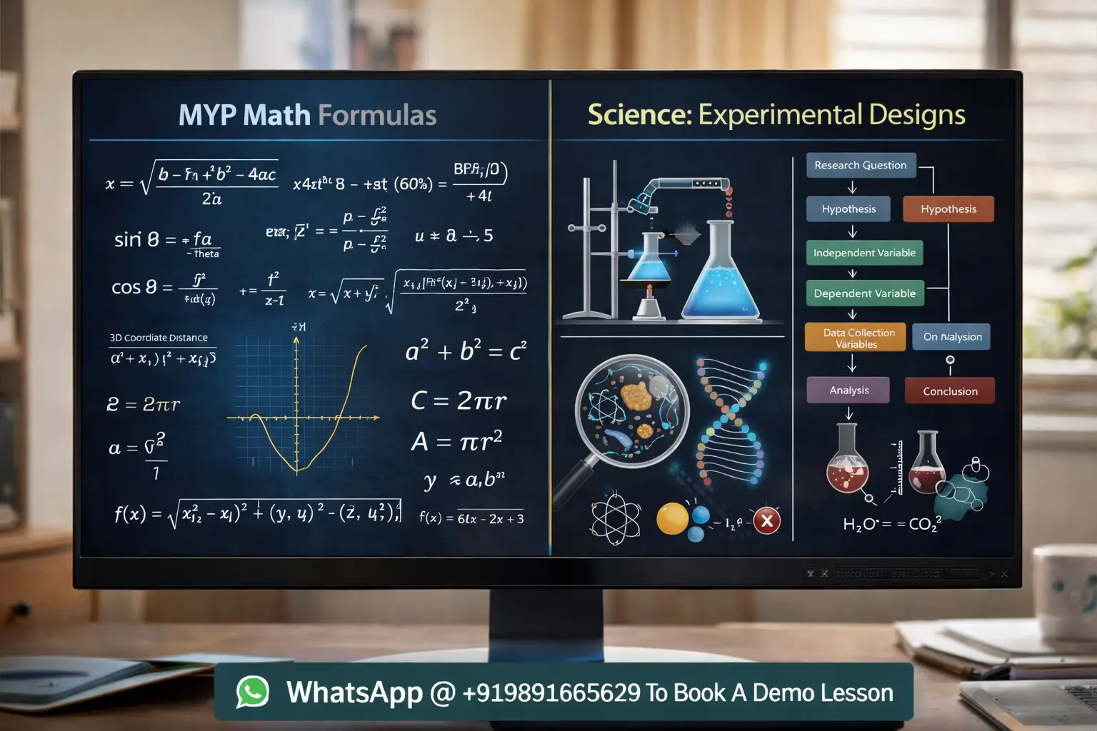 Digital whiteboard displaying complex MYP math formulas and science experimental designs