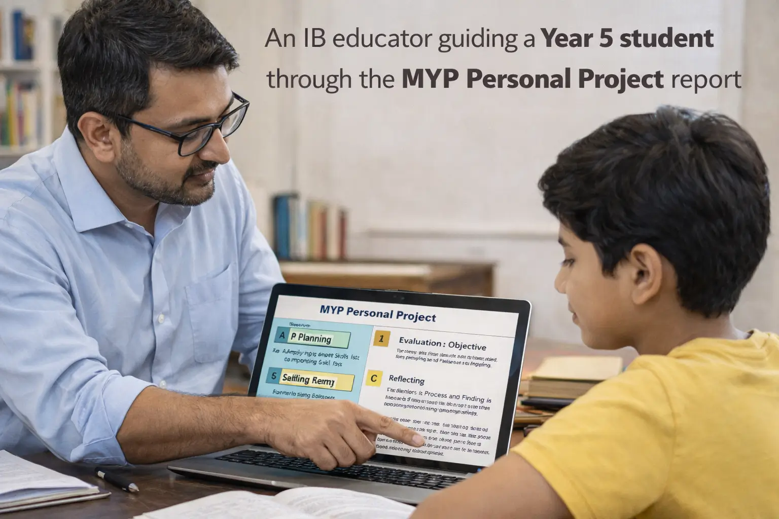 An IB educator guiding a Year 5 student through the MYP Personal Project report